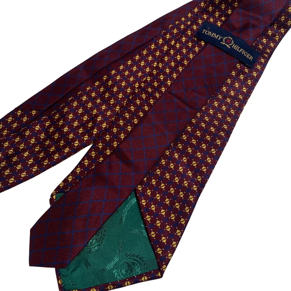 Tommy Hilfiger Necktie Burgundy Gold Geometric Silk Tie‎ Men's Fashion FLAW